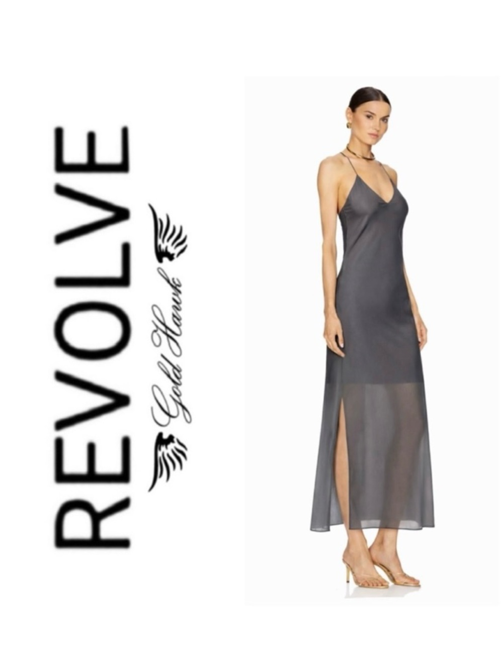 NWT Revolve x Gold Hawk 100% Silk Gray Slate Sheer Hem Maxi Slip Dress